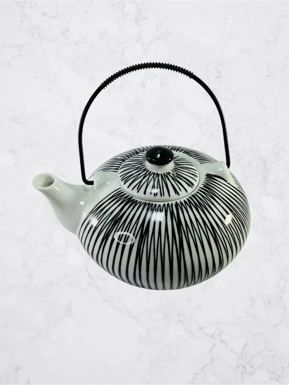 Pier 1 Hand Painted Porcelain Akina Black White Stripe Decorative Tea Pot Kettle
